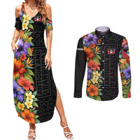 Antigua and Barbuda Floral Couples Matching Summer Maxi Dress and Long Sleeve Button Shirt with Tropical Hibiscus with National Flag - Wonder Print Shop