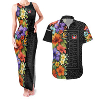 Antigua and Barbuda Floral Couples Matching Tank Maxi Dress and Hawaiian Shirt with Tropical Hibiscus with National Flag - Wonder Print Shop