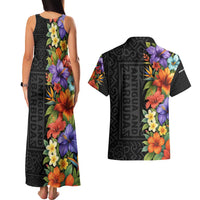 Antigua and Barbuda Floral Couples Matching Tank Maxi Dress and Hawaiian Shirt with Tropical Hibiscus with National Flag - Wonder Print Shop