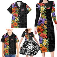 Antigua and Barbuda Floral Family Matching Long Sleeve Bodycon Dress and Hawaiian Shirt with Tropical Hibiscus with National Flag - Wonder Print Shop