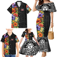 Antigua and Barbuda Floral Family Matching Mermaid Dress and Hawaiian Shirt with Tropical Hibiscus with National Flag - Wonder Print Shop