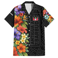 Antigua and Barbuda Floral Family Matching Off The Shoulder Long Sleeve Dress and Hawaiian Shirt with Tropical Hibiscus with National Flag - Wonder Print Shop
