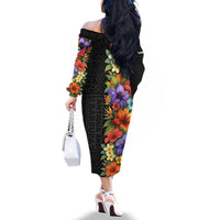 Antigua and Barbuda Floral Family Matching Off The Shoulder Long Sleeve Dress and Hawaiian Shirt with Tropical Hibiscus with National Flag - Wonder Print Shop