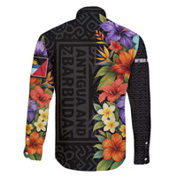 Antigua and Barbuda Floral Family Matching Off Shoulder Short Dress and Hawaiian Shirt with Tropical Hibiscus with National Flag - Wonder Print Shop