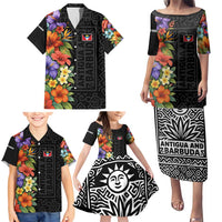 Antigua and Barbuda Floral Family Matching Puletasi and Hawaiian Shirt with Tropical Hibiscus with National Flag - Wonder Print Shop