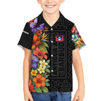 Antigua and Barbuda Floral Family Matching Short Sleeve Bodycon Dress and Hawaiian Shirt with Tropical Hibiscus with National Flag - Wonder Print Shop