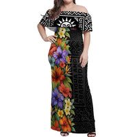 Antigua and Barbuda Floral Off Shoulder Maxi Dress with Tropical Hibiscus with National Flag - Wonder Print Shop
