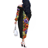 Antigua and Barbuda Floral Off The Shoulder Long Sleeve Dress with Tropical Hibiscus with National Flag - Wonder Print Shop