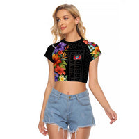 Antigua and Barbuda Floral Raglan Cropped T Shirt with Tropical Hibiscus with National Flag - Wonder Print Shop