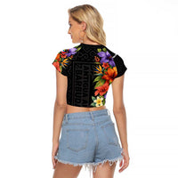Antigua and Barbuda Floral Raglan Cropped T Shirt with Tropical Hibiscus with National Flag - Wonder Print Shop