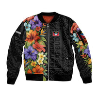 Antigua and Barbuda Floral Sleeve Zip Bomber Jacket with Tropical Hibiscus with National Flag - Wonder Print Shop