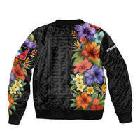 Antigua and Barbuda Floral Sleeve Zip Bomber Jacket with Tropical Hibiscus with National Flag - Wonder Print Shop