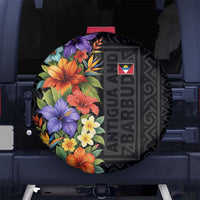 Antigua and Barbuda Floral Spare Tire Cover with Tropical Hibiscus with National Flag - Wonder Print Shop