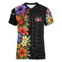 Antigua and Barbuda Floral Women V-Neck T-Shirt with Tropical Hibiscus with National Flag - Wonder Print Shop