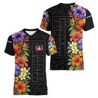 Antigua and Barbuda Floral Women V-Neck T-Shirt with Tropical Hibiscus with National Flag - Wonder Print Shop