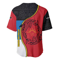 Antigua and Barbuda Tribal Baseball Jersey with Polynesian Dolphin Sun Design with National Flag Colors - Wonder Print Shop