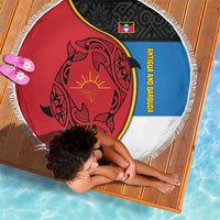 Antigua and Barbuda Tribal Beach Blanket with Polynesian Dolphin Sun Design with National Flag Colors - Wonder Print Shop