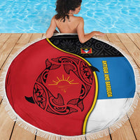 Antigua and Barbuda Tribal Beach Blanket with Polynesian Dolphin Sun Design with National Flag Colors - Wonder Print Shop