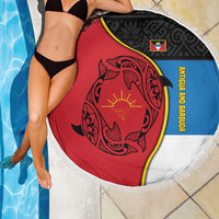 Antigua and Barbuda Tribal Beach Blanket with Polynesian Dolphin Sun Design with National Flag Colors - Wonder Print Shop