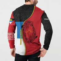 Antigua and Barbuda Tribal Button Sweatshirt with Polynesian Dolphin Sun Design with National Flag Colors - Wonder Print Shop