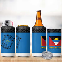 Antigua and Barbuda Tribal 4 in 1 Can Cooler Tumbler with Polynesian Dolphin Sun Design with National Flag Colors - Wonder Print Shop