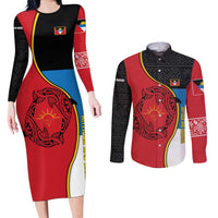 Antigua and Barbuda Tribal Couples Matching Long Sleeve Bodycon Dress and Long Sleeve Button Shirt with Polynesian Dolphin Sun Design with National Flag Colors - Wonder Print Shop