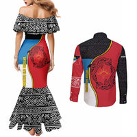 Antigua and Barbuda Tribal Couples Matching Mermaid Dress and Long Sleeve Button Shirt with Polynesian Dolphin Sun Design with National Flag Colors - Wonder Print Shop