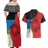 Antigua and Barbuda Tribal Couples Matching Off Shoulder Maxi Dress and Hawaiian Shirt with Polynesian Dolphin Sun Design with National Flag Colors - Wonder Print Shop