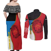 Antigua and Barbuda Tribal Couples Matching Off Shoulder Maxi Dress and Long Sleeve Button Shirt with Polynesian Dolphin Sun Design with National Flag Colors - Wonder Print Shop