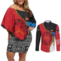 Antigua and Barbuda Tribal Couples Matching Off Shoulder Short Dress and Long Sleeve Button Shirt with Polynesian Dolphin Sun Design with National Flag Colors - Wonder Print Shop