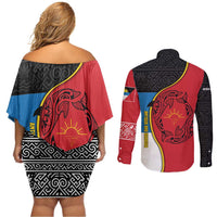 Antigua and Barbuda Tribal Couples Matching Off Shoulder Short Dress and Long Sleeve Button Shirt with Polynesian Dolphin Sun Design with National Flag Colors - Wonder Print Shop