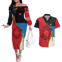Antigua and Barbuda Tribal Couples Matching Off The Shoulder Long Sleeve Dress and Hawaiian Shirt with Polynesian Dolphin Sun Design with National Flag Colors - Wonder Print Shop