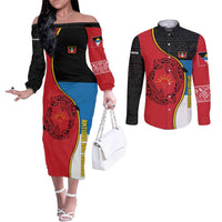 Antigua and Barbuda Tribal Couples Matching Off The Shoulder Long Sleeve Dress and Long Sleeve Button Shirt with Polynesian Dolphin Sun Design with National Flag Colors - Wonder Print Shop