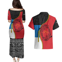 Antigua and Barbuda Tribal Couples Matching Puletasi and Hawaiian Shirt with Polynesian Dolphin Sun Design with National Flag Colors - Wonder Print Shop