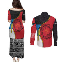 Antigua and Barbuda Tribal Couples Matching Puletasi and Long Sleeve Button Shirt with Polynesian Dolphin Sun Design with National Flag Colors - Wonder Print Shop