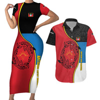 Antigua and Barbuda Tribal Couples Matching Short Sleeve Bodycon Dress and Hawaiian Shirt with Polynesian Dolphin Sun Design with National Flag Colors - Wonder Print Shop