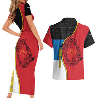 Antigua and Barbuda Tribal Couples Matching Short Sleeve Bodycon Dress and Hawaiian Shirt with Polynesian Dolphin Sun Design with National Flag Colors - Wonder Print Shop