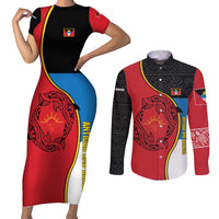 Antigua and Barbuda Tribal Couples Matching Short Sleeve Bodycon Dress and Long Sleeve Button Shirt with Polynesian Dolphin Sun Design with National Flag Colors - Wonder Print Shop