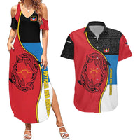 Antigua and Barbuda Tribal Couples Matching Summer Maxi Dress and Hawaiian Shirt with Polynesian Dolphin Sun Design with National Flag Colors - Wonder Print Shop