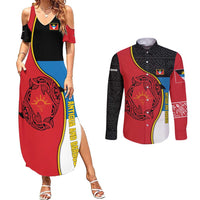 Antigua and Barbuda Tribal Couples Matching Summer Maxi Dress and Long Sleeve Button Shirt with Polynesian Dolphin Sun Design with National Flag Colors - Wonder Print Shop