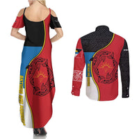 Antigua and Barbuda Tribal Couples Matching Summer Maxi Dress and Long Sleeve Button Shirt with Polynesian Dolphin Sun Design with National Flag Colors - Wonder Print Shop