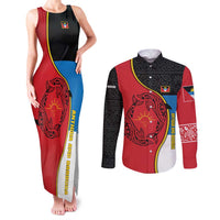 Antigua and Barbuda Tribal Couples Matching Tank Maxi Dress and Long Sleeve Button Shirt with Polynesian Dolphin Sun Design with National Flag Colors - Wonder Print Shop