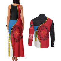 Antigua and Barbuda Tribal Couples Matching Tank Maxi Dress and Long Sleeve Button Shirt with Polynesian Dolphin Sun Design with National Flag Colors - Wonder Print Shop