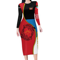 Antigua and Barbuda Tribal Family Matching Long Sleeve Bodycon Dress and Hawaiian Shirt with Polynesian Dolphin Sun Design with National Flag Colors - Wonder Print Shop