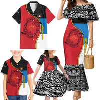 Antigua and Barbuda Tribal Family Matching Mermaid Dress and Hawaiian Shirt with Polynesian Dolphin Sun Design with National Flag Colors - Wonder Print Shop