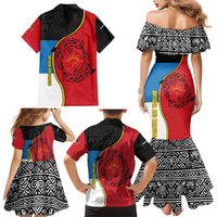 Antigua and Barbuda Tribal Family Matching Mermaid Dress and Hawaiian Shirt with Polynesian Dolphin Sun Design with National Flag Colors - Wonder Print Shop