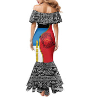 Antigua and Barbuda Tribal Family Matching Mermaid Dress and Hawaiian Shirt with Polynesian Dolphin Sun Design with National Flag Colors - Wonder Print Shop