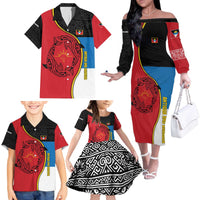 Antigua and Barbuda Tribal Family Matching Off The Shoulder Long Sleeve Dress and Hawaiian Shirt with Polynesian Dolphin Sun Design with National Flag Colors - Wonder Print Shop