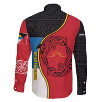Antigua and Barbuda Tribal Family Matching Off The Shoulder Long Sleeve Dress and Hawaiian Shirt with Polynesian Dolphin Sun Design with National Flag Colors - Wonder Print Shop