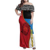 Antigua and Barbuda Tribal Family Matching Off Shoulder Maxi Dress and Hawaiian Shirt with Polynesian Dolphin Sun Design with National Flag Colors - Wonder Print Shop